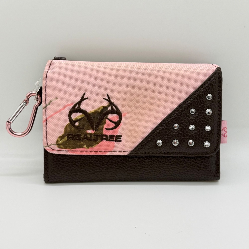 Realtree Trifold Wallet Womens OS Pink Camo Brown Studded Rhinestone Carabiner